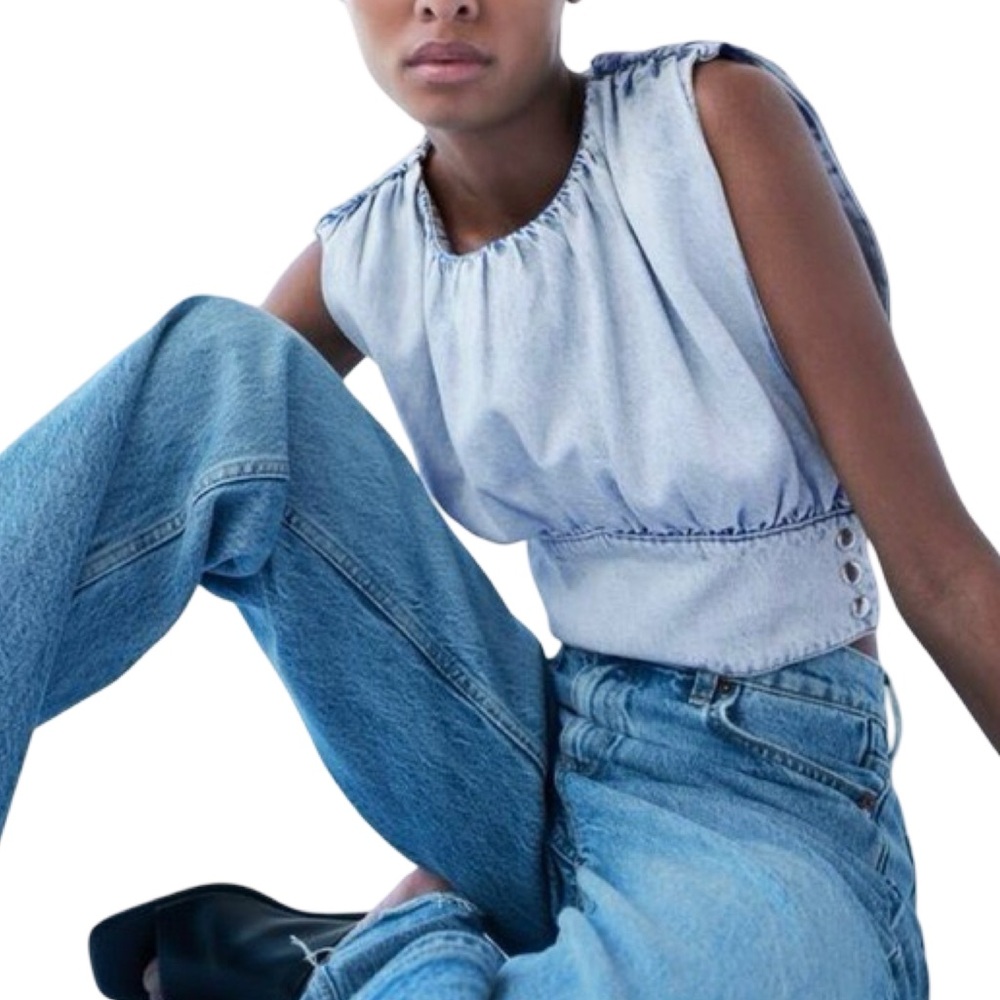 Zara NWT Light Blue Denim Cropped Top With Back Keyhole Ruched Costal Cowgirl